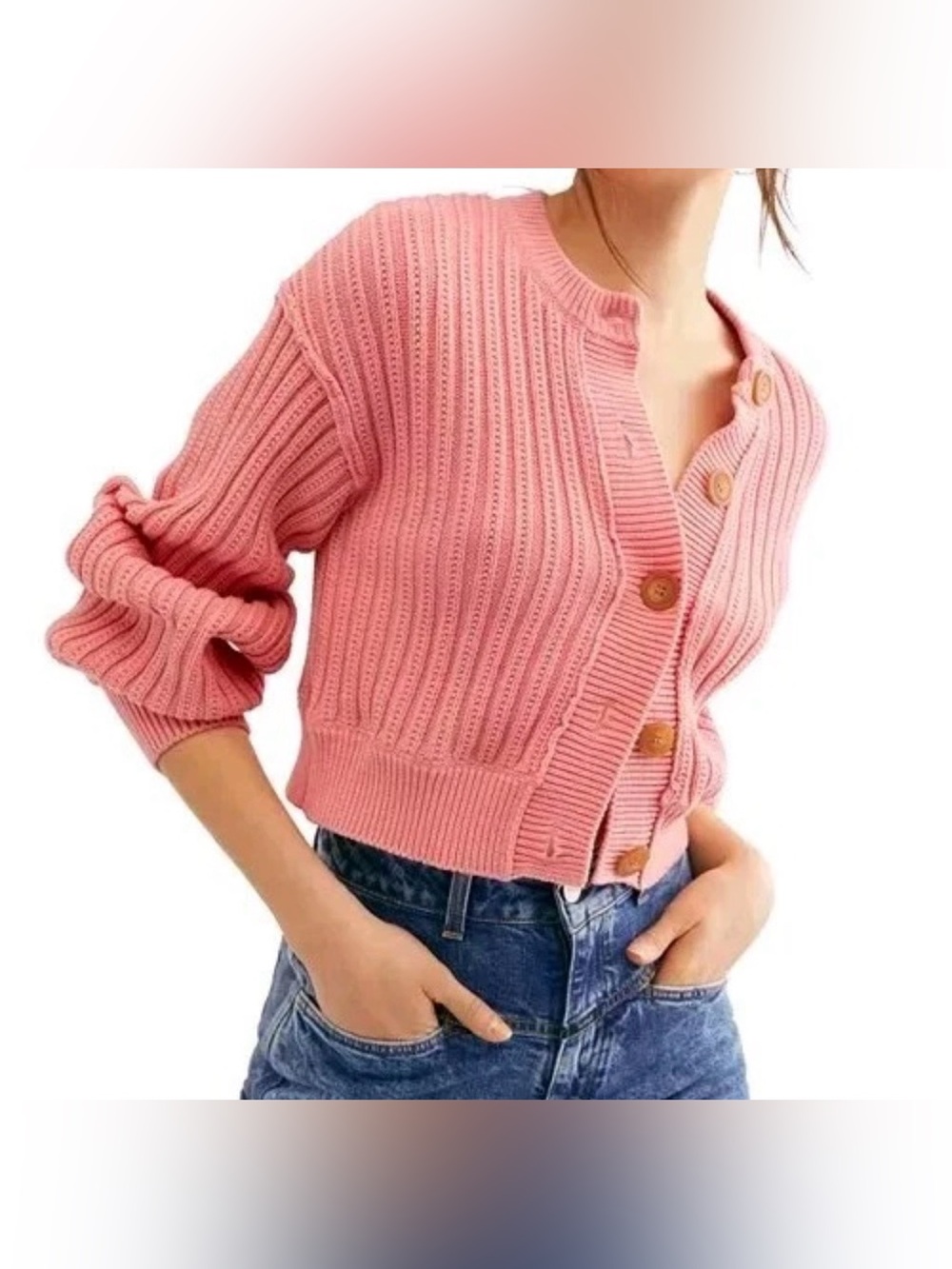 Free People ALL YOURS Cropped Chunky Knit Bubblegum Pink Cardigan Women's Size S